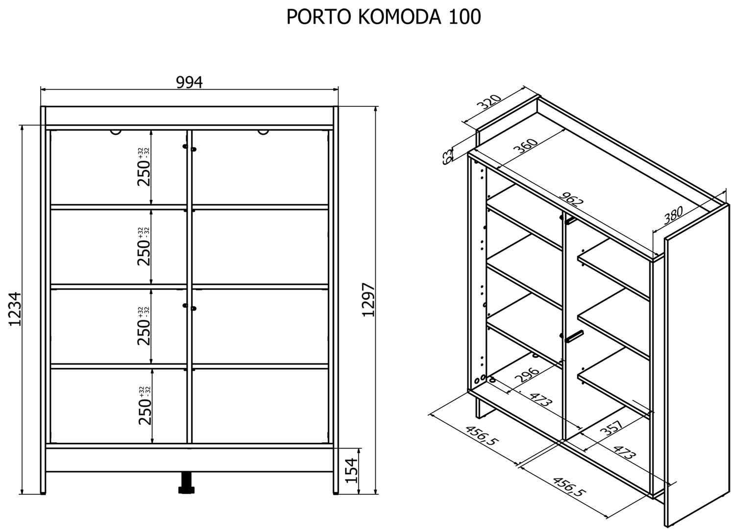 Cama Commode PORTO 100x38x130 eik/zwart