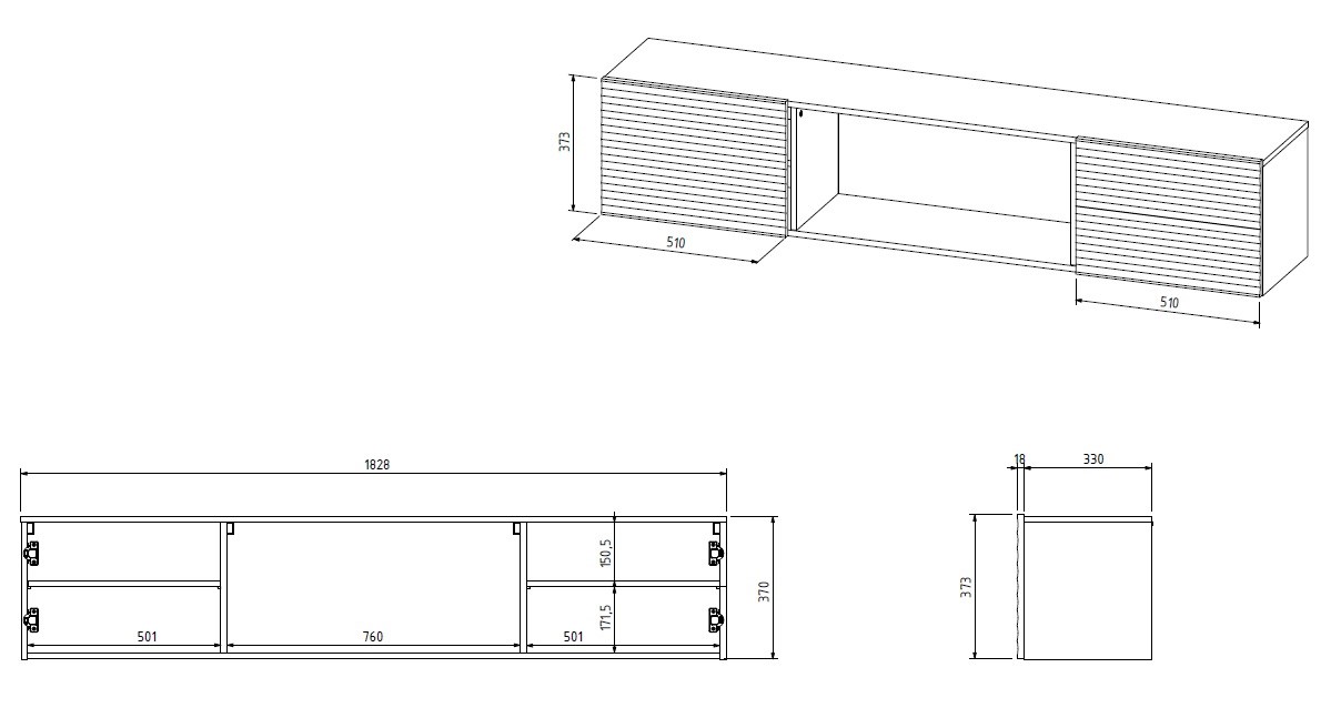 Cama RTV kast TULA 183x35x37 zwart mat + zwarte schouw