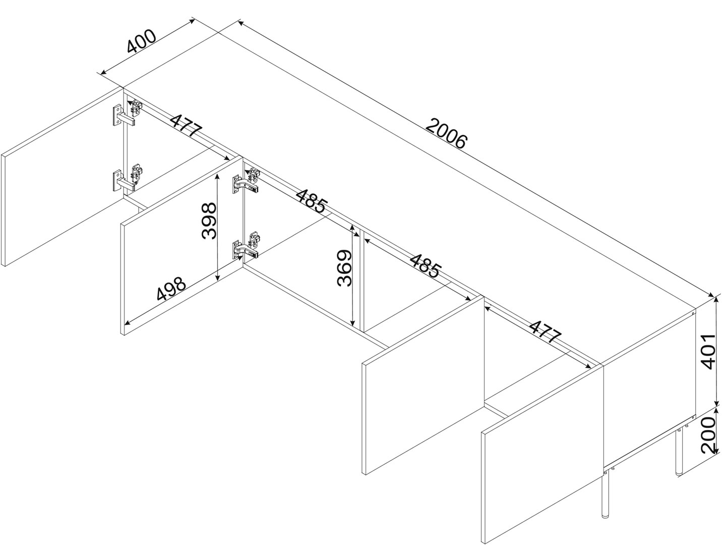 Cama RTV kast ISLA 200x40x60 mat zwart