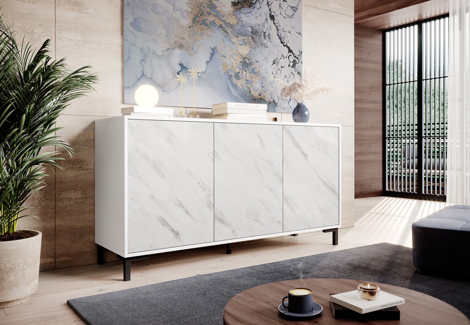 MARMO 3D ladekast 150x45x80,5 cm wit mat/marmer wit