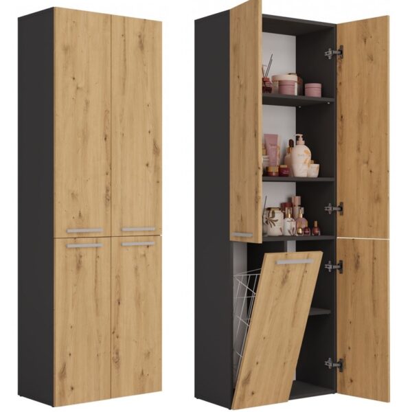 Topeshop NEL 1K DD ANT/ART KP opbergkast voor de badkamer Grafiet, Eiken