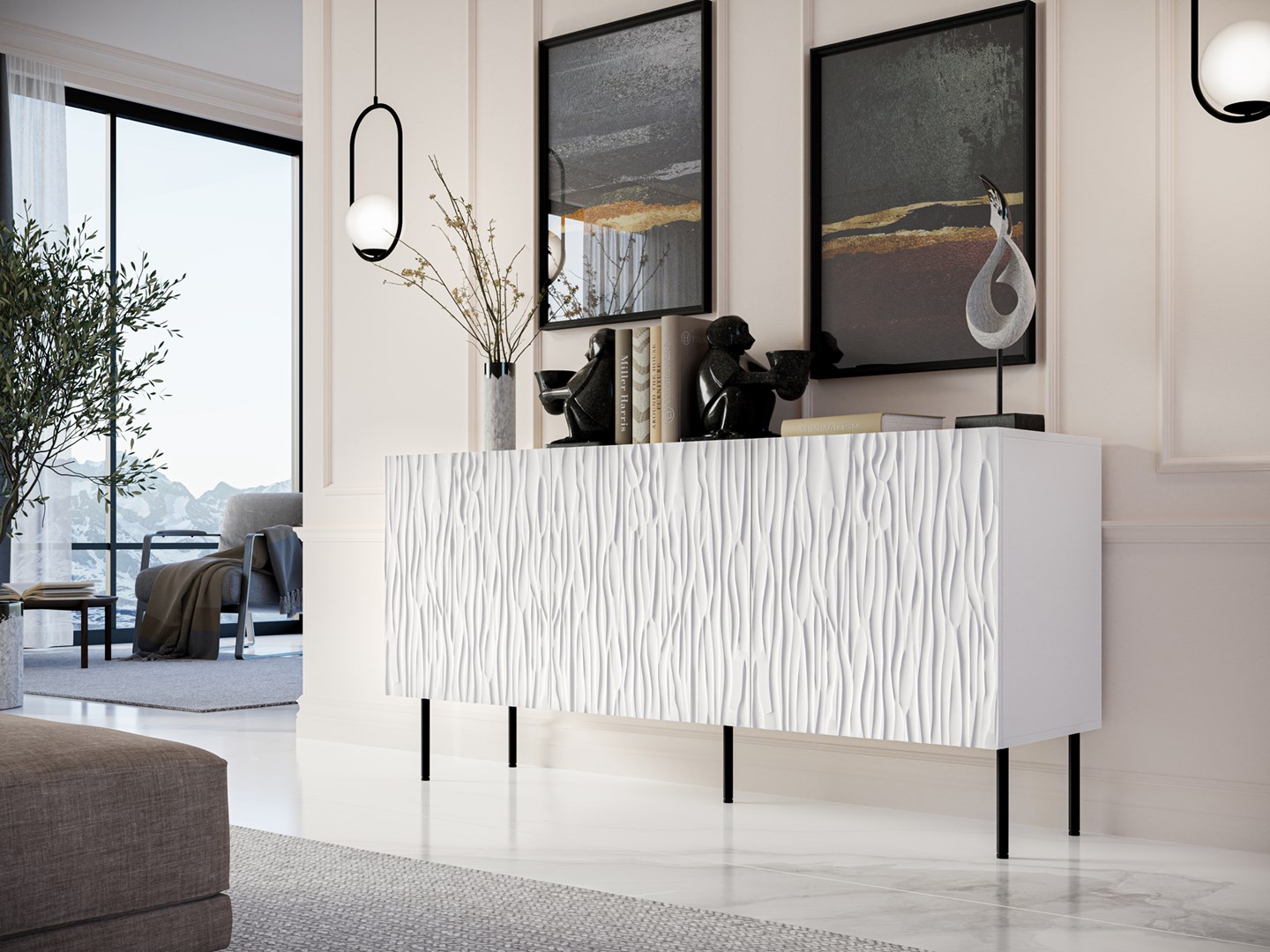 JUNGLE commode 152x40,5x74,5 wit mat + zwarte poten